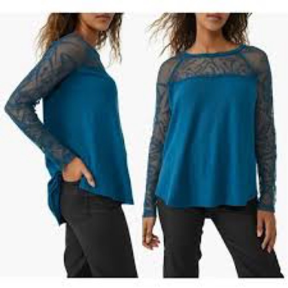 Free People Teal Lace Sleeve Blouse